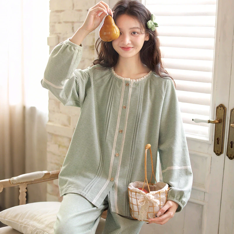 胸垫长裤爆款宽松秋冬季女纯棉磨毛感可外穿薄款大码圆领家居服长