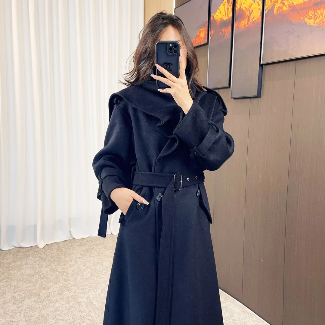 秋冬防风长款女宽松纯色毛呢外套网红中长款外套新款气质黑色双面