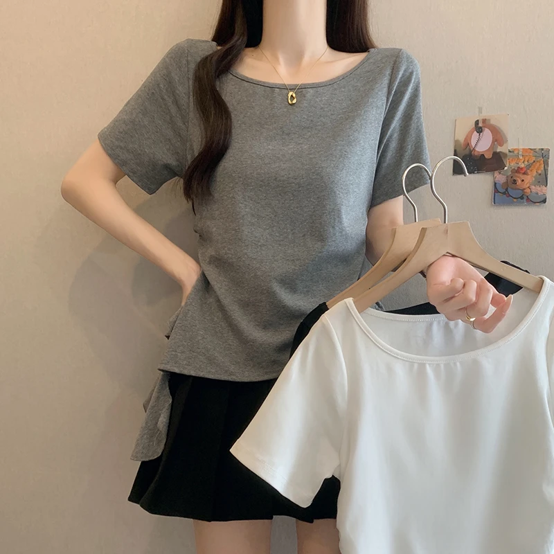 大码正肩收腰t恤2025夏季设计感褶皱百搭休闲微胖法式独特小上衣