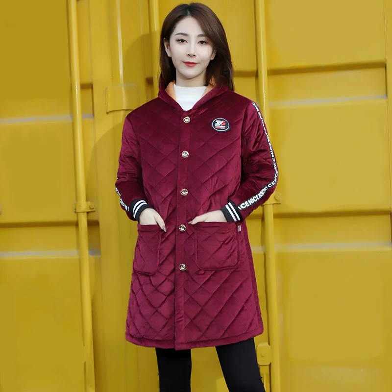 冬季女装棉袄加绒加厚保暖罩衣妈妈装中长款连帽棉服大码显瘦外套