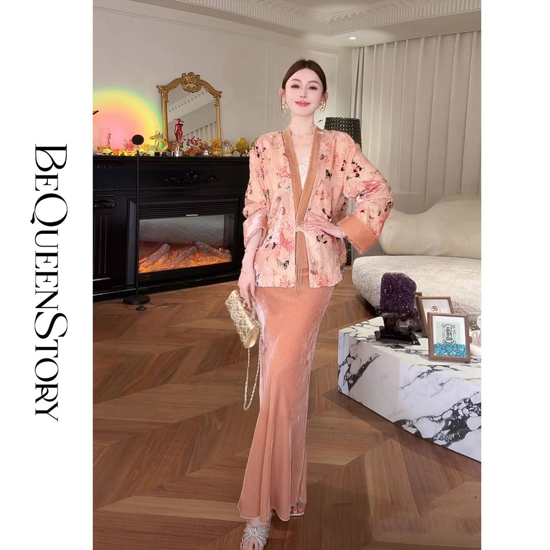 余潇潇【琼华绮梦】新中式100真丝丝绒重工浮雕上衣&鱼尾半裙套装