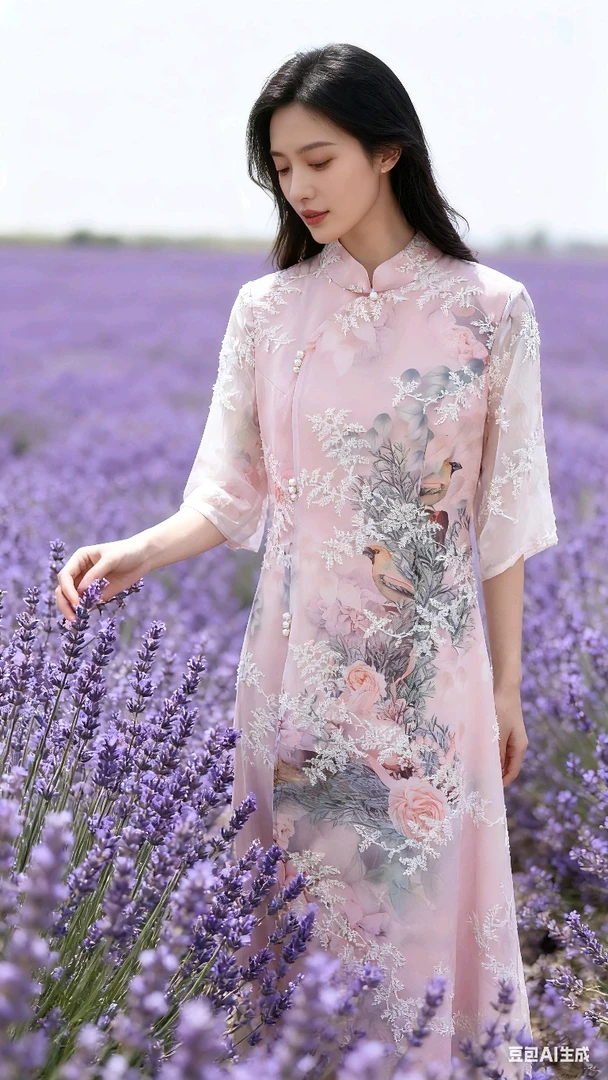 中袖裙子中国风旗袍植物花卉夏季蕾丝短袖气质日常
