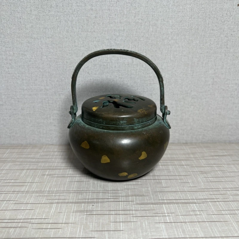 洒金皮提梁铜熏香炉桌面摆件家居装饰饰品