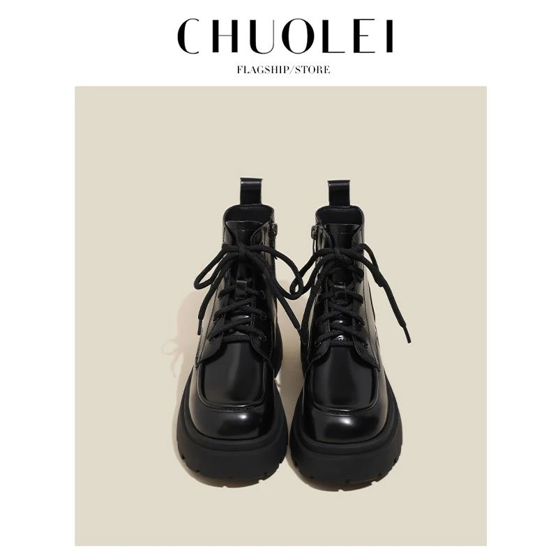 【DR官方正品】同款！婥蕾小众厚底马丁靴女黑色短筒系带亮面复古小