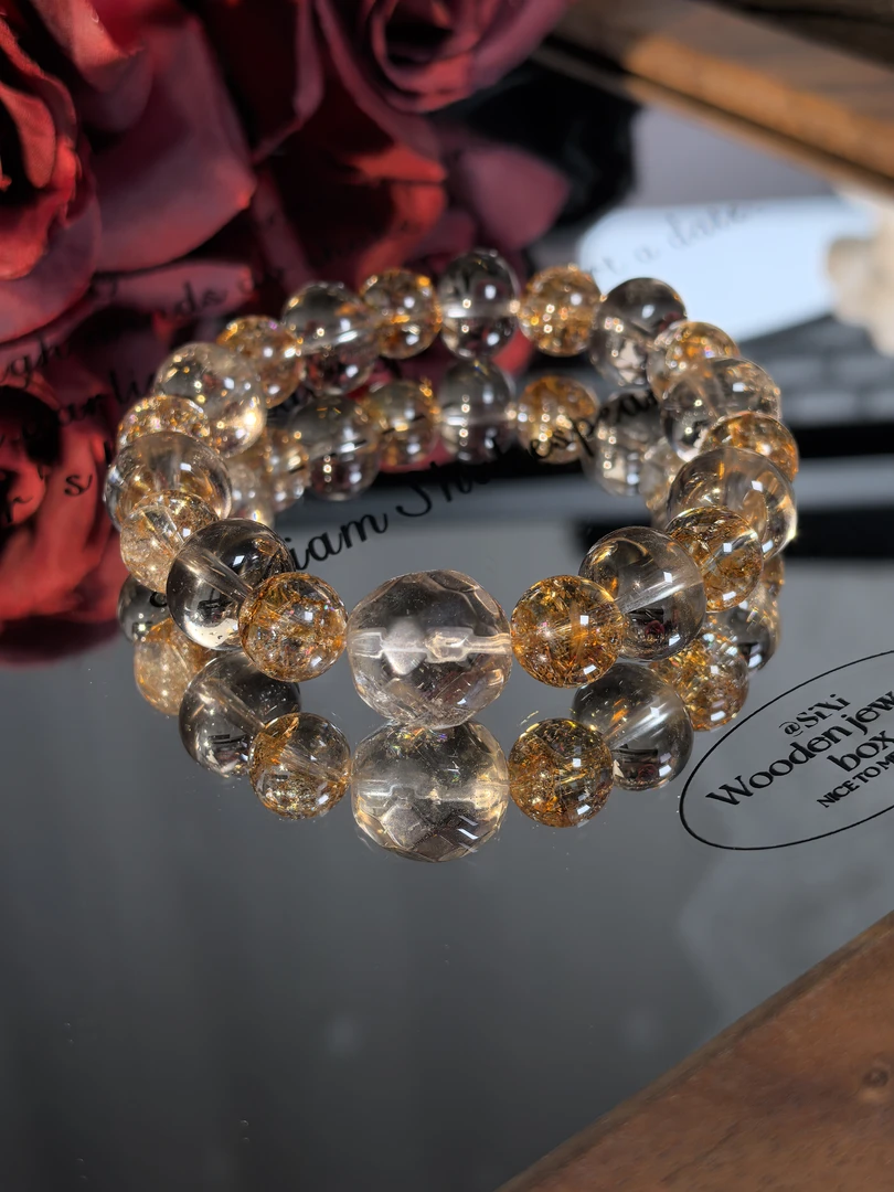 【银河里的星星12分】天然水晶算盘珠茶晶配金箔胶花菱形球面茶晶