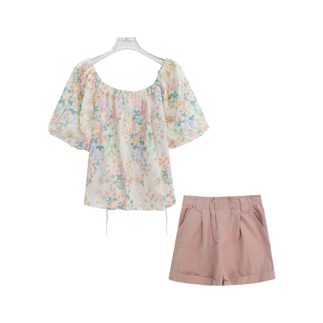 新款碎花一字肩短袖小衫高腰阔腿短裤两件套S2013