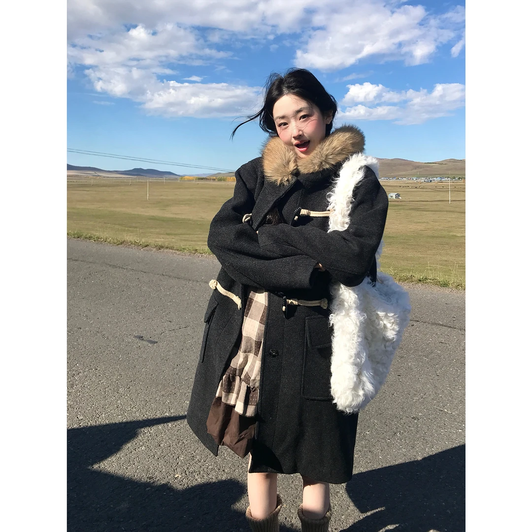 霍里德地图含羊毛夹棉毛呢大衣女复古牛角扣可拆毛领连帽呢子外套