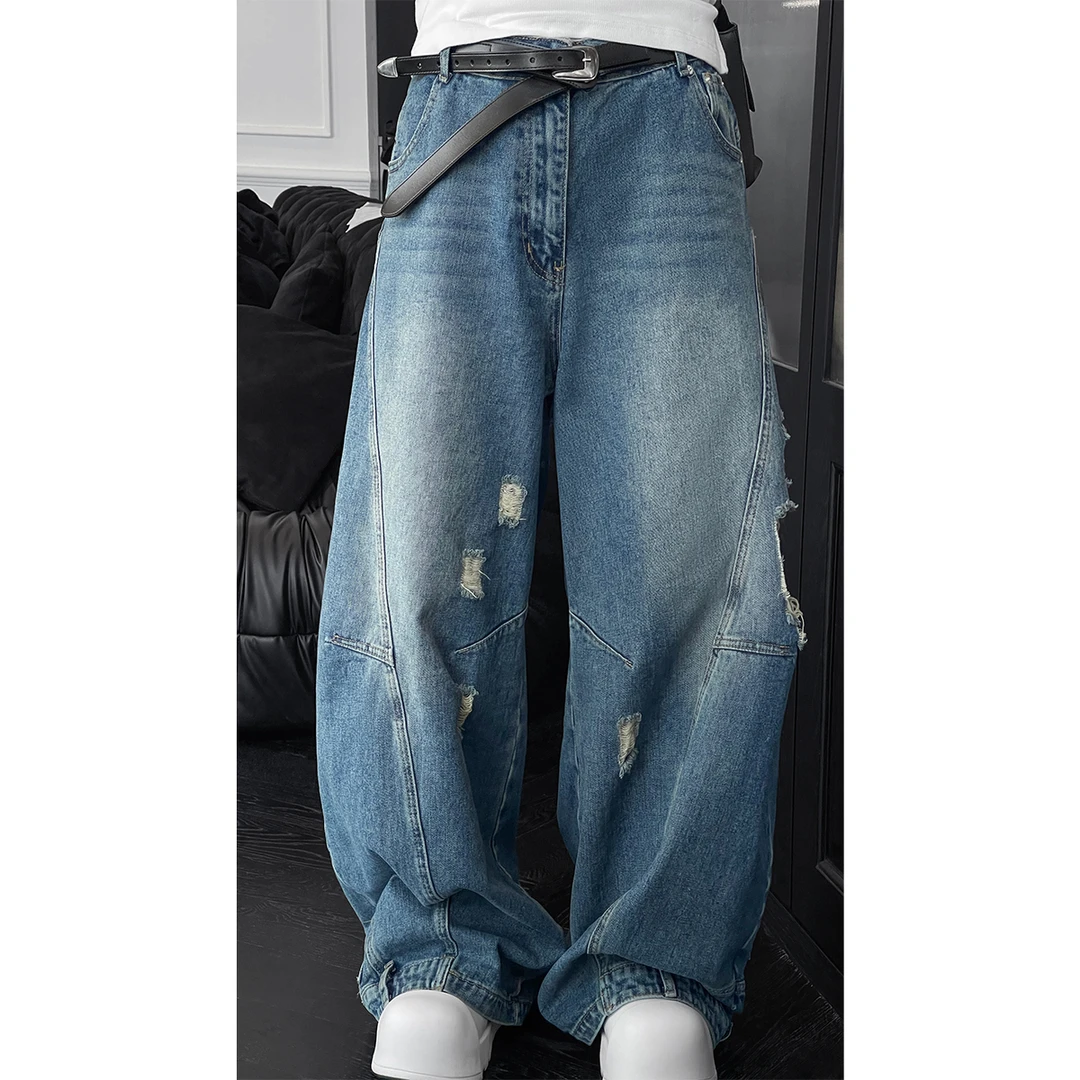 龙叨叨春夏新款潮流美式复古破洞刮烂设计感宽松阔腿百搭牛仔长裤