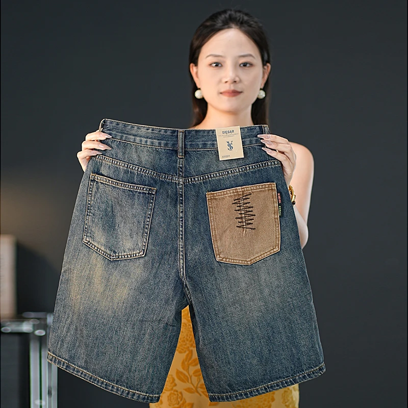 斜插袋黄泥染做旧水洗美式牛仔短裤男士五分裤夏季宽松直筒裤子男