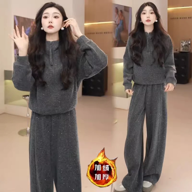 加绒加厚休闲套装女2025秋冬新款时髦半拉链连帽卫衣运动裤两件套