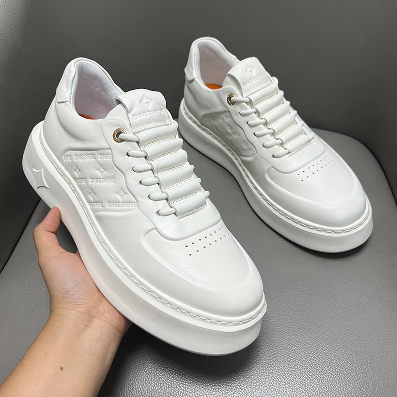 jmuxi男鞋2025秋季系带真皮透气厚底小白鞋潮流轻便男士厚底鞋