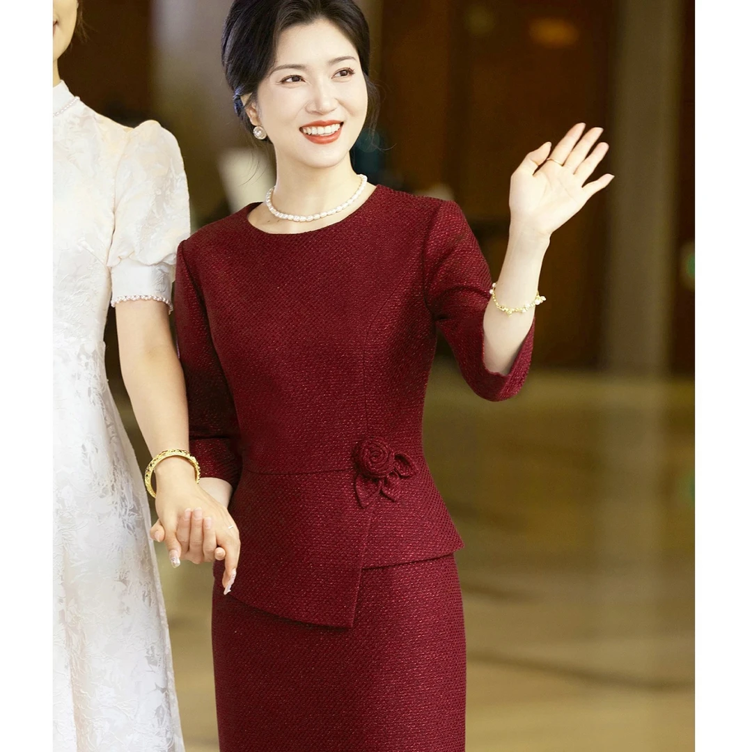 冬季圆领羊毛毛呢加厚保暖简单大方妈妈装婚宴开叉礼服喜婆婆婚礼