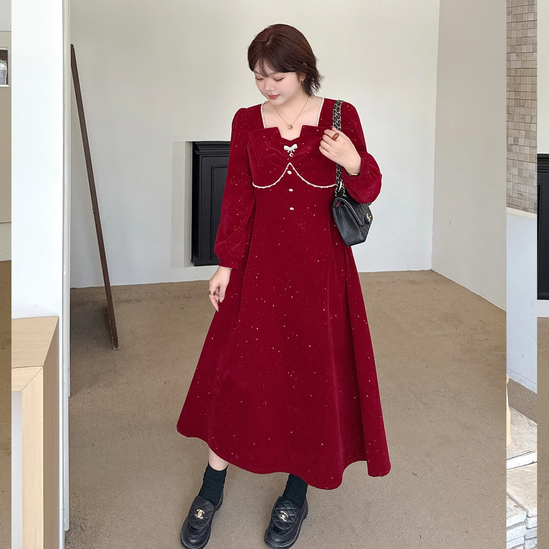 大码连衣裙胖mm新款秋冬时尚气质新年敬酒服亮闪闪红色法式订婚服