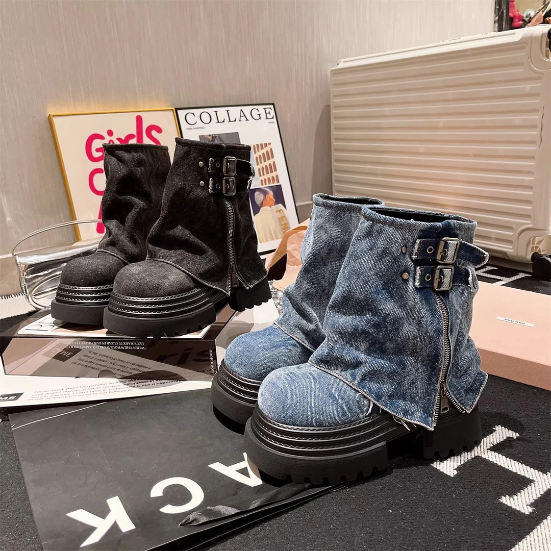 【红】欧货水洗牛仔布小众辣妹拉链裤管靴厚底松糕机车靴短靴个子鞋