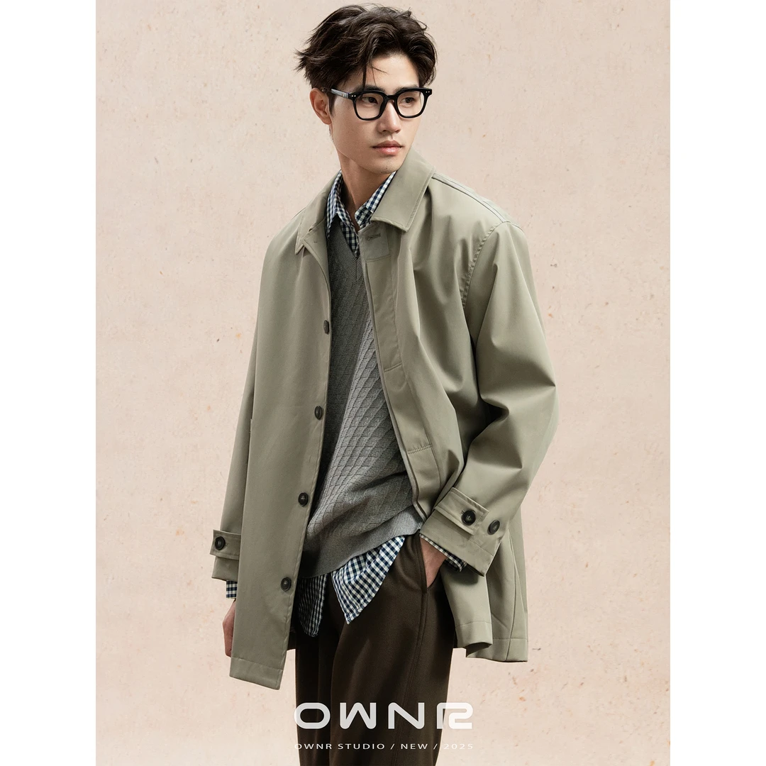 OWNR 绿色廓形巴尔玛肯风衣外套男2025年秋新款高级感中长款大衣