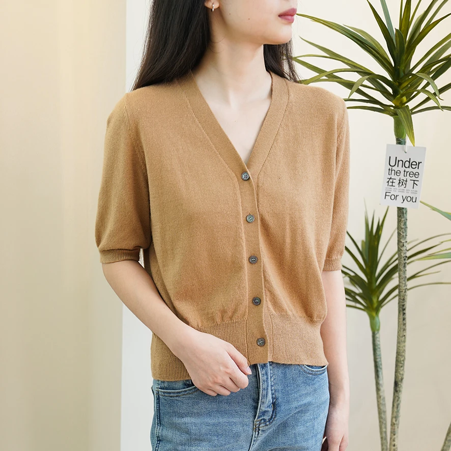 有尺码就是淘到宝！短版羊毛中袖开衫薄款夏季v领纯色显瘦百搭