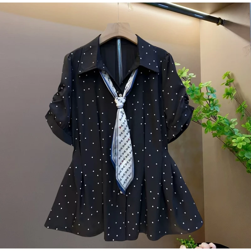 夏季洋气气质时尚胖MM新款设计款减龄波点领带显瘦百搭上衣