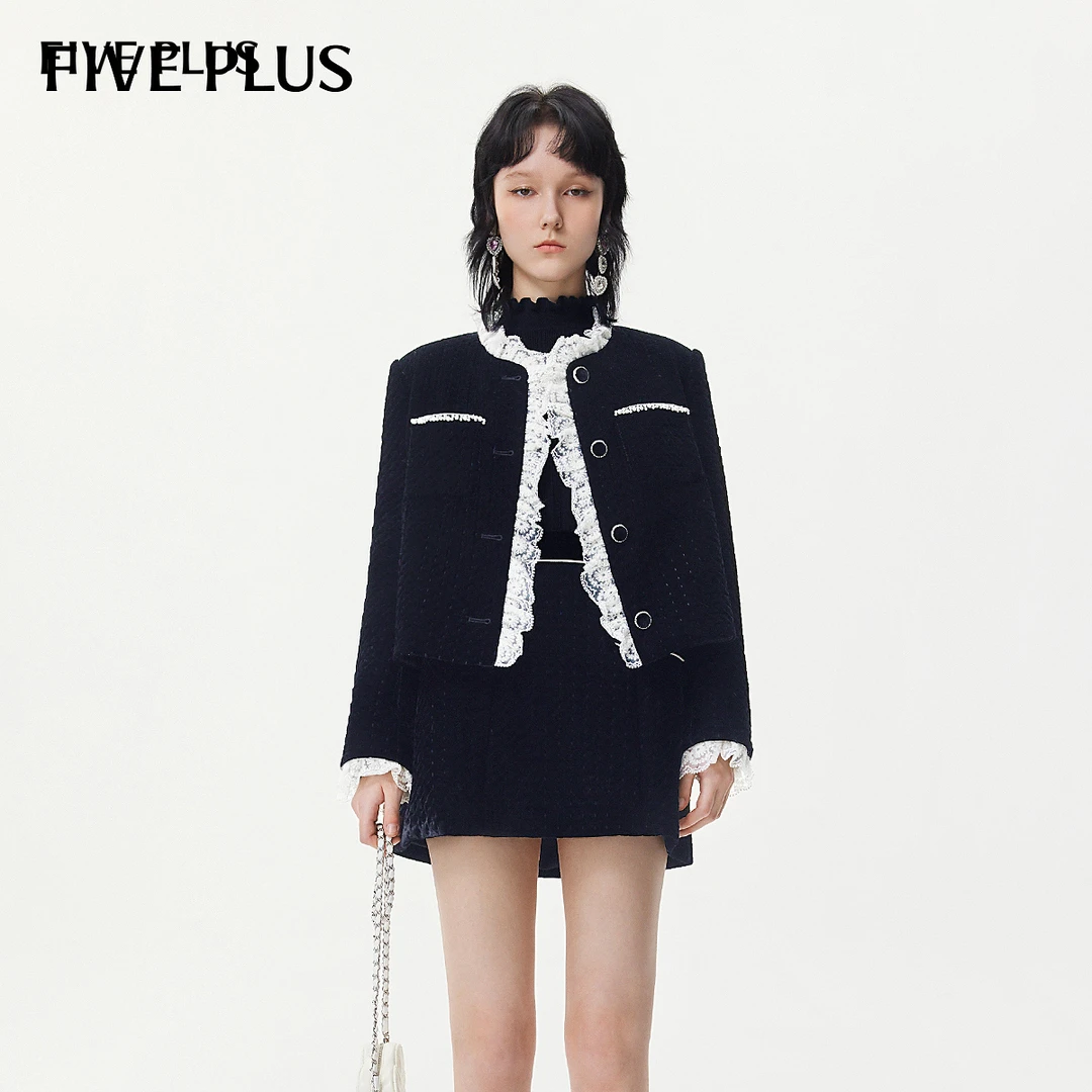 FIVE PLUS冬装小香风外套女短款上衣圆领拼接花边长袖2TN3045310