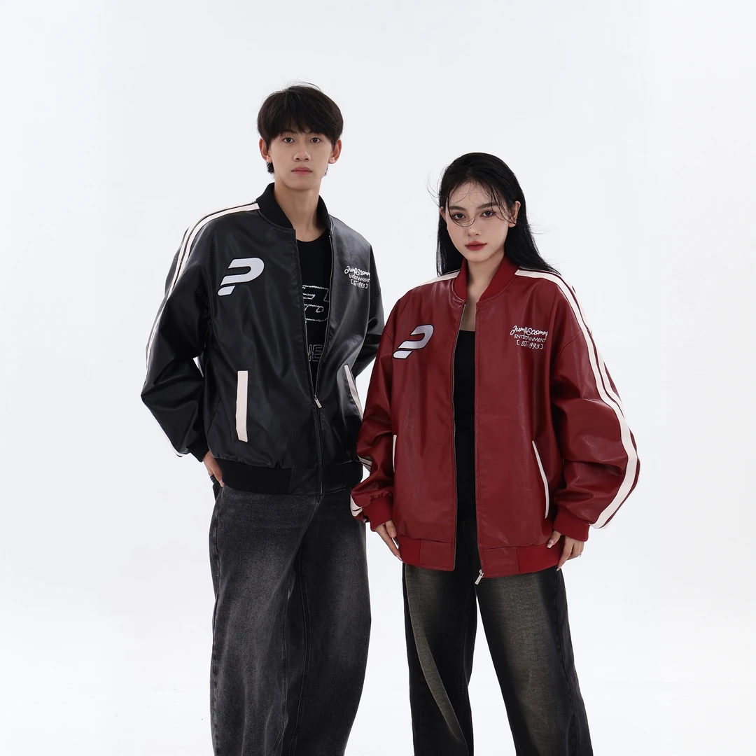 JUMP NEXT国潮牌秋冬复古街头哑光纹理拼色PU皮机车皮衣夹克外套