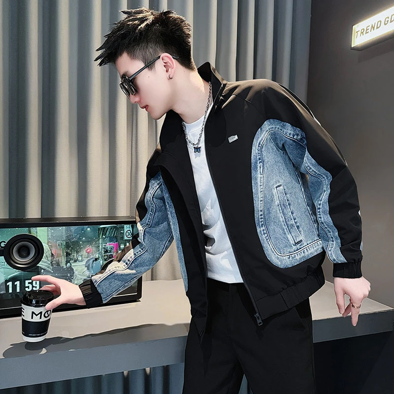 高级感牛仔拼接外套男款春秋季潮牌痞帅立领夹克2025新款男装上衣