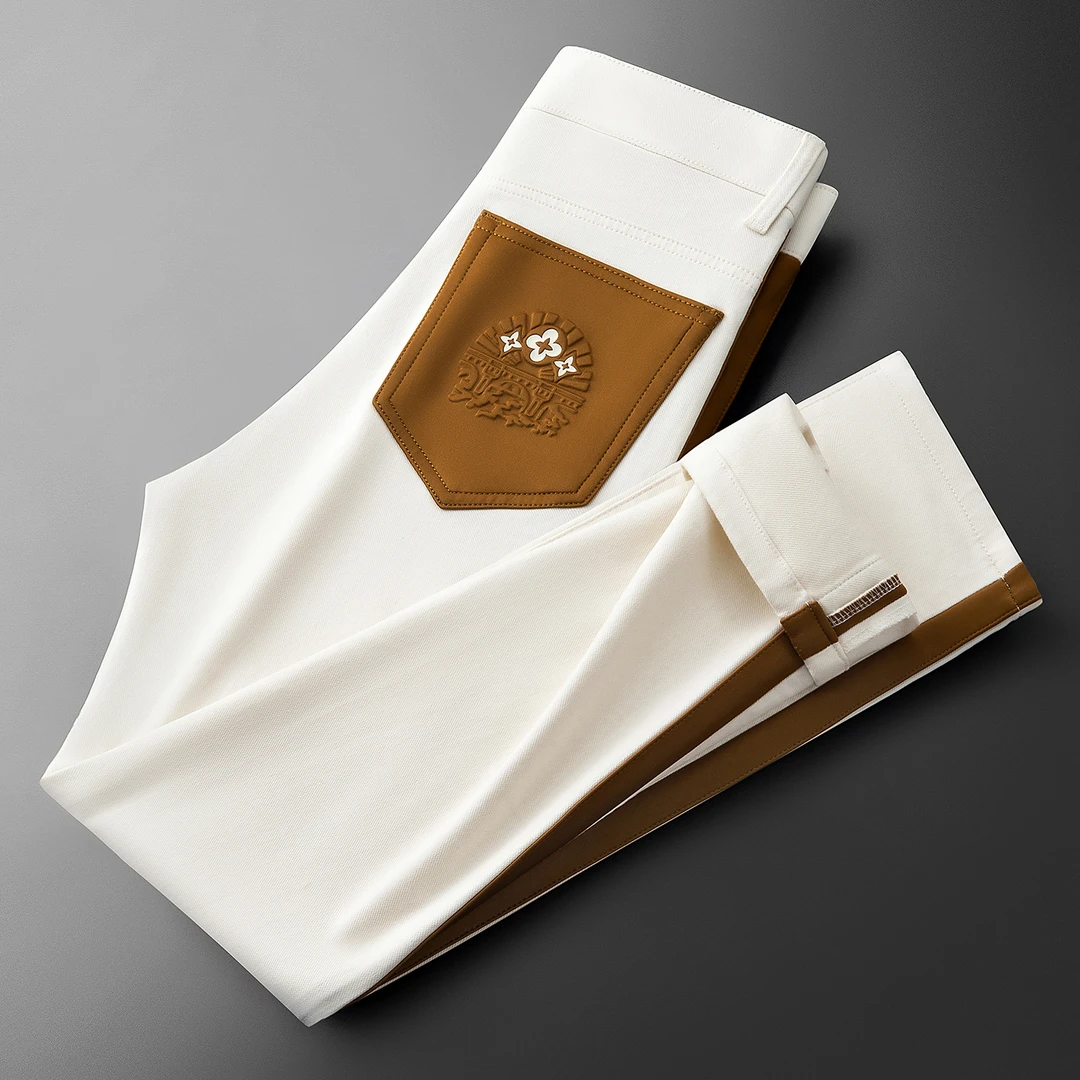 秋冬高端时尚潮流雅痞弹力精梳棉撞色拼接男士修身小直筒休闲裤