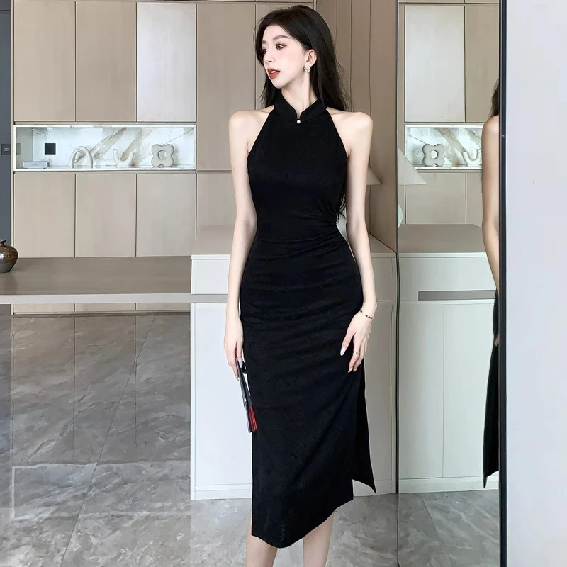 复古黑色改良旗袍挂脖连衣裙女秋夏2025新款高级新中式国风长裙子