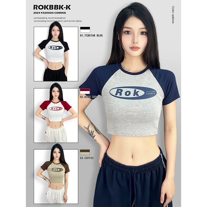 ROKBBK-K/布韩街舞潮牌爵士跳舞插肩拼色T恤女运动hiphop上衣潮
