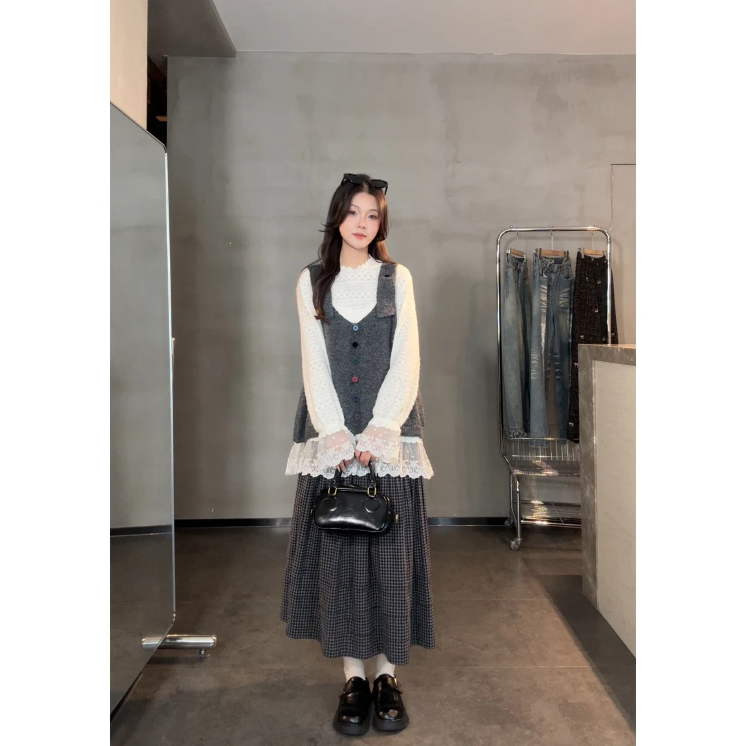 【格子裙】秋冬时尚百搭显瘦格子裙A字裙半身裙气质蕾丝冬季长款