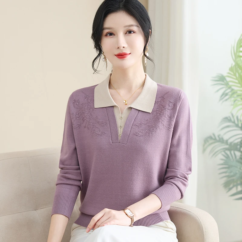 翻领妈妈春装2025新款上衣中老年女洋气长袖毛衣春秋季针织打底衫