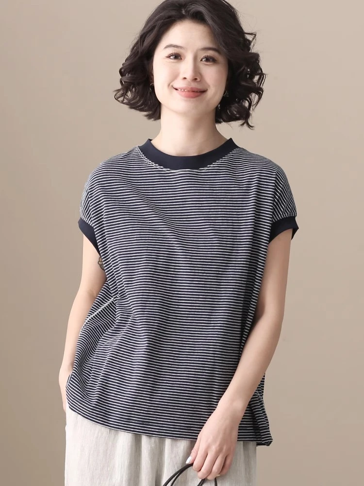 左耳左岸纯棉条纹短袖T恤女2025新款夏季宽松休闲文艺日系上衣
