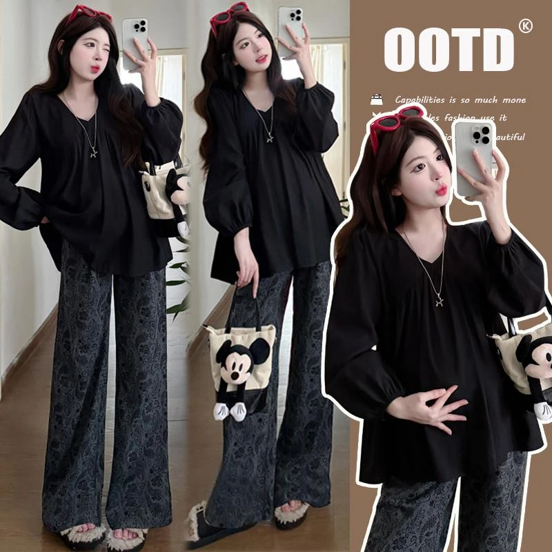 孕妇装秋孕妈高级感穿搭秋V领娃娃上衣两件套托腹长裤春秋