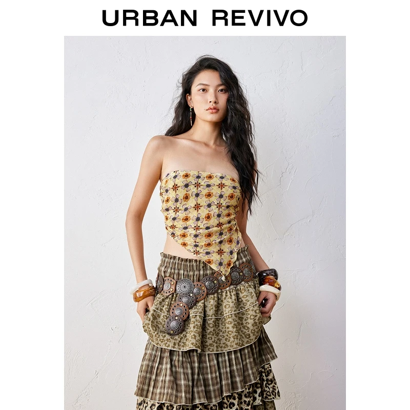 【钟楚曦联名款】UR2025秋季新款女休闲碎花修身抹胸UYL250127