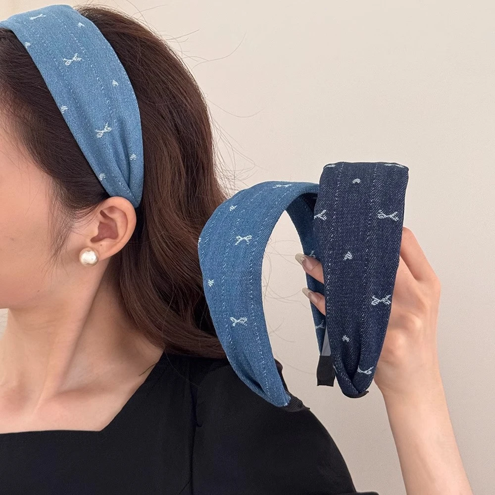 韩系洋气蝴蝶结刺绣牛仔发箍宽版高级感高颅顶压发卡日常外出头饰