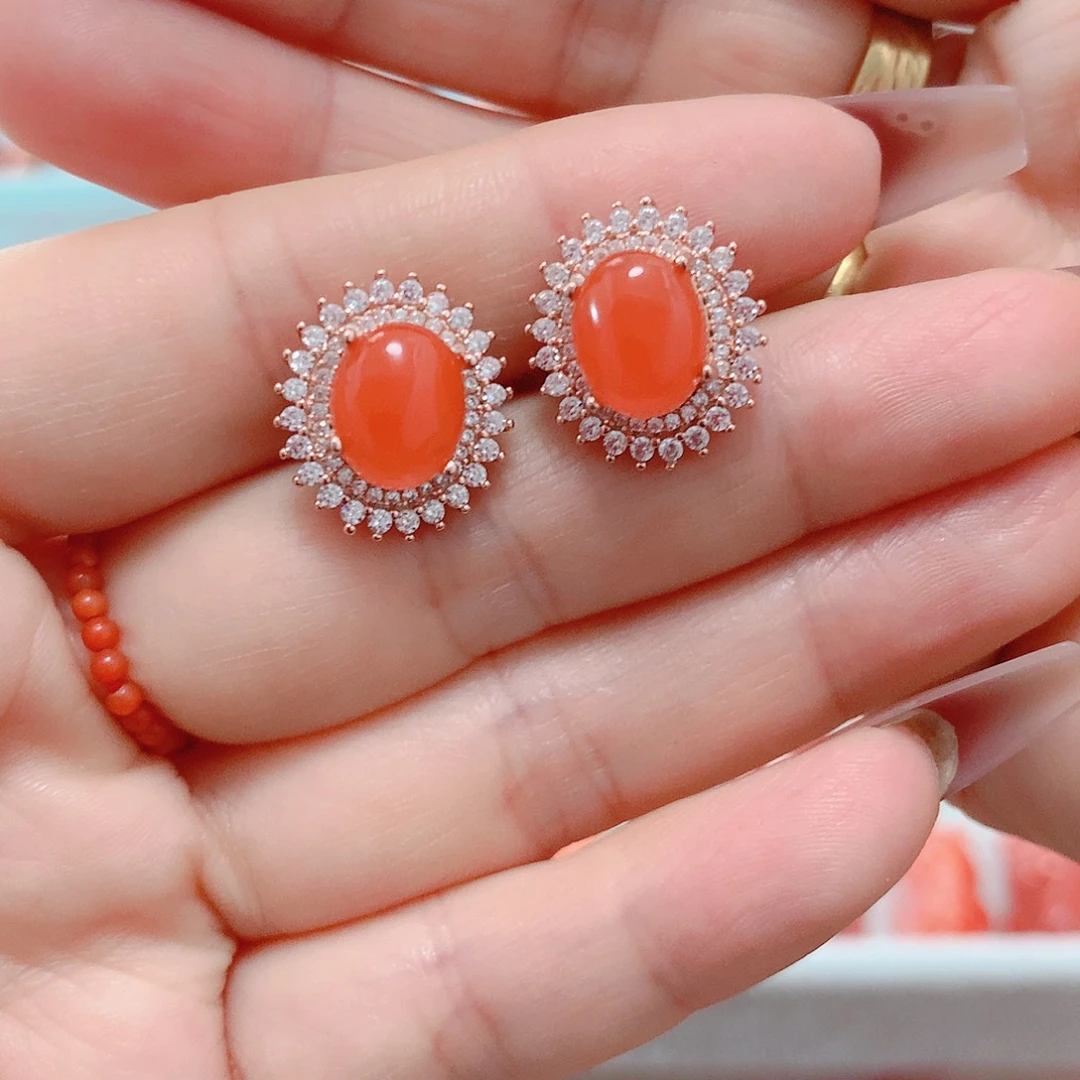 南红玛瑙耳钉银S925镶嵌