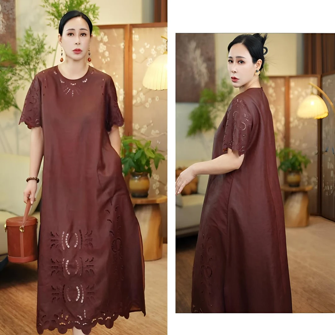 「利琪高订」国风新中式气质重磅镂空刺绣红云纱连衣裙A6376