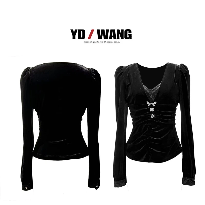 【YD精选】法式褶皱蕾丝V领上衣  衬衫上衣女士打底纯色蝴蝶装饰