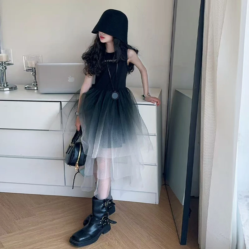 女童夏季仙女黑天鹅渐变色网纱连衣裙2025新款儿童洋气背心公主裙