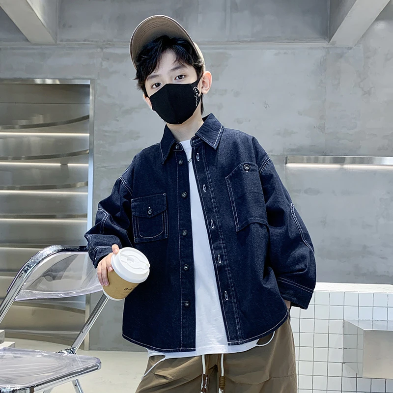 男童蓝色牛仔外套春秋款儿童薄款衬衫春装2025新款中大童洋气上衣