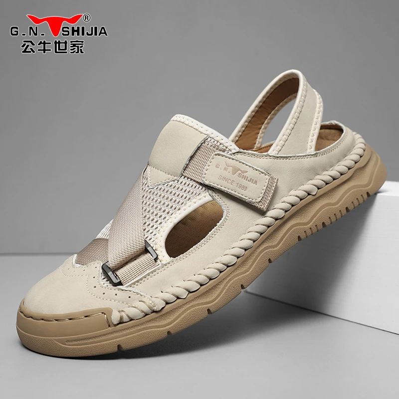 公牛世家夏季男士日常户外男休闲时尚透气凉鞋纯色手工包头沙滩鞋