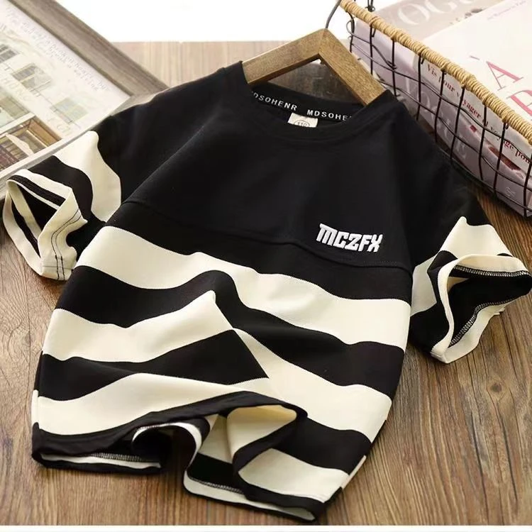 【福利】2025男童短袖T恤新款儿童条纹拼接薄款中大童圆领半袖