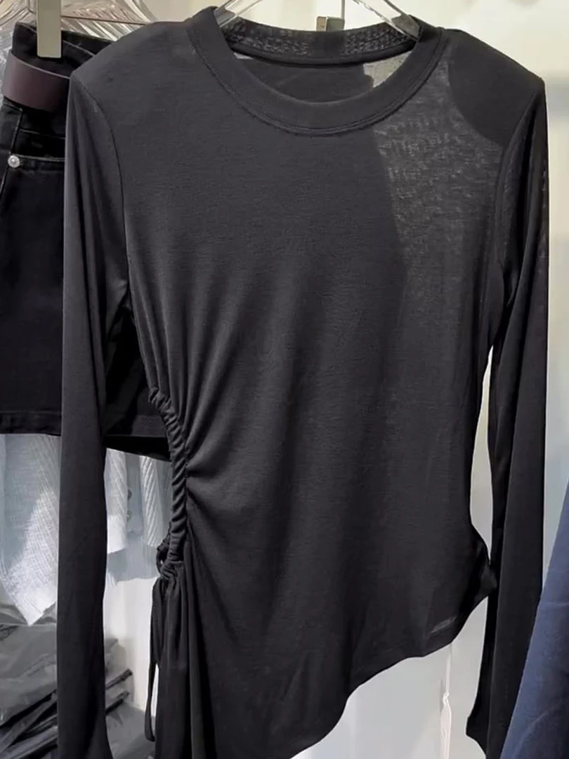 时尚简约绝美黑色抽绳圆领长袖罩衫T恤女秋季款休闲减龄显瘦小衫