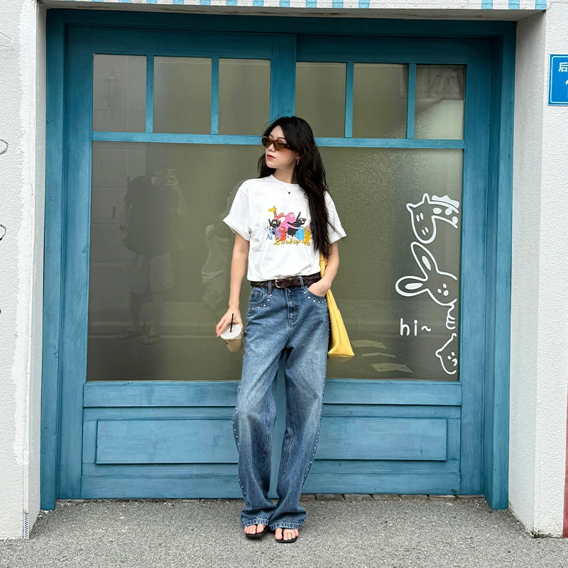 Seyora【铆钉裤】设计感铆钉直筒长裤休闲阔腿牛仔裤 H36018SY52