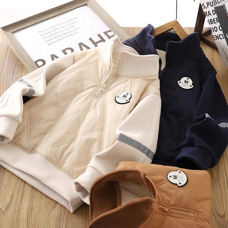 男童加厚秋冬装2024新款儿童夹棉保暖上衣帅气半拉链打底衫