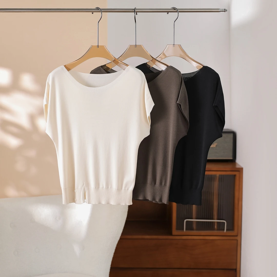 origin  新款船领蝙蝠袖冰丝薄款针织短袖衫