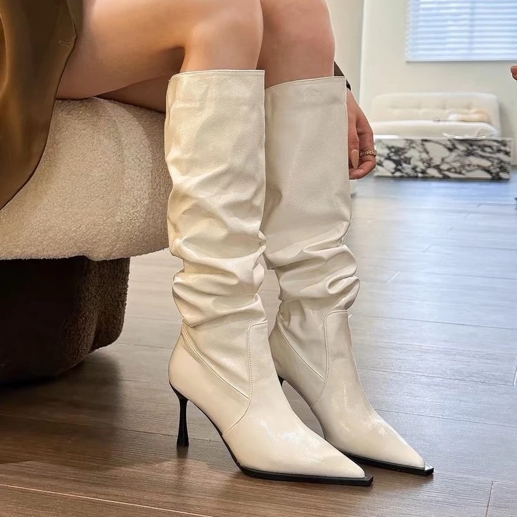 尖头白色高跟西部长筒靴女靴子2025新款夏季显瘦堆堆骑士春秋长靴