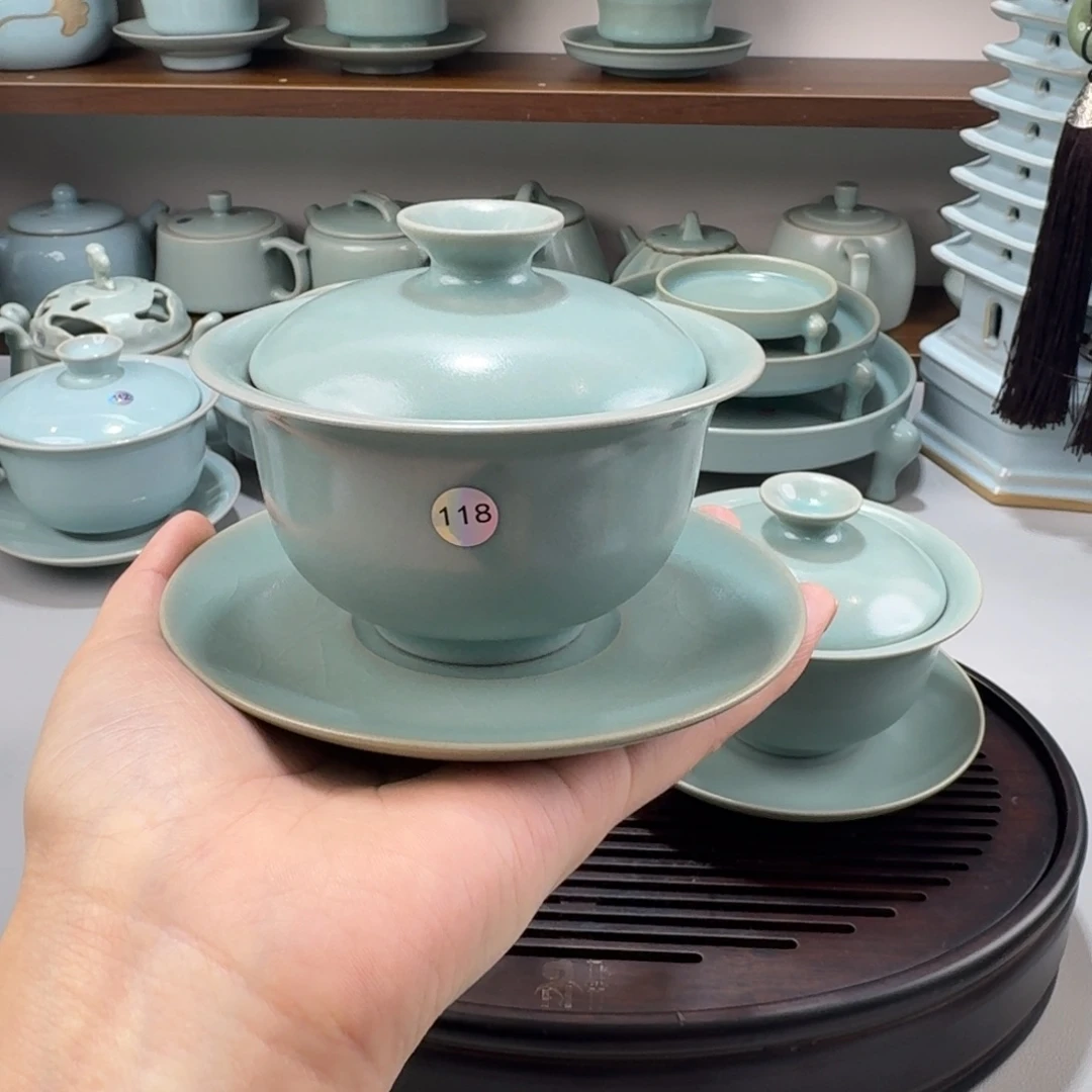 A***1摆件瓷二级汝窑仿古釉三才元宝盖碗编号 118