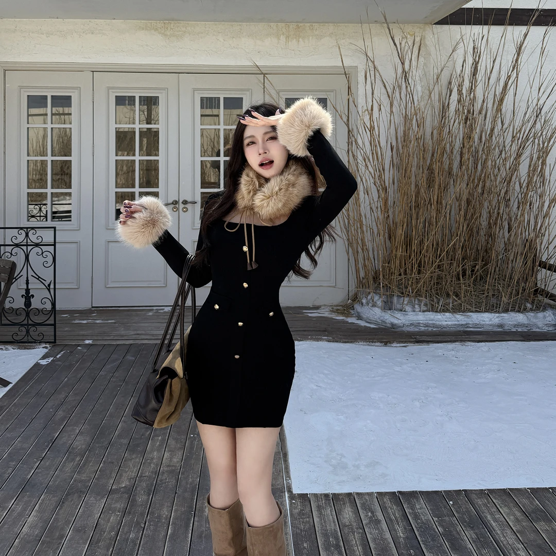 运补6-8 赫本风千金气质连衣裙女毛毛方领秋冬小黑裙辣妹包臀短裙