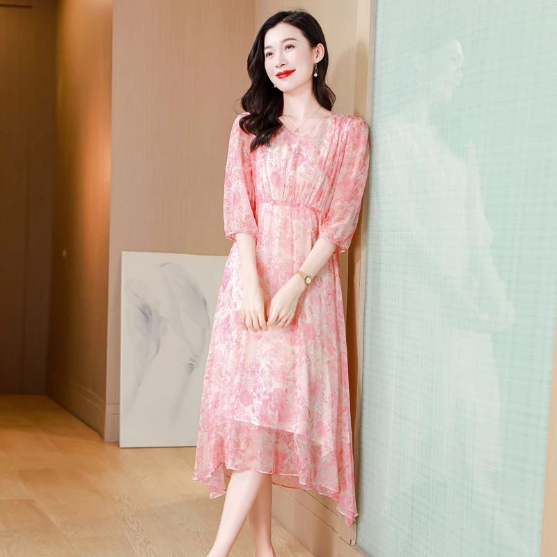 桑蚕丝优雅气质印花真丝连衣裙夏季新款修身显瘦长裙时尚轻奢百搭