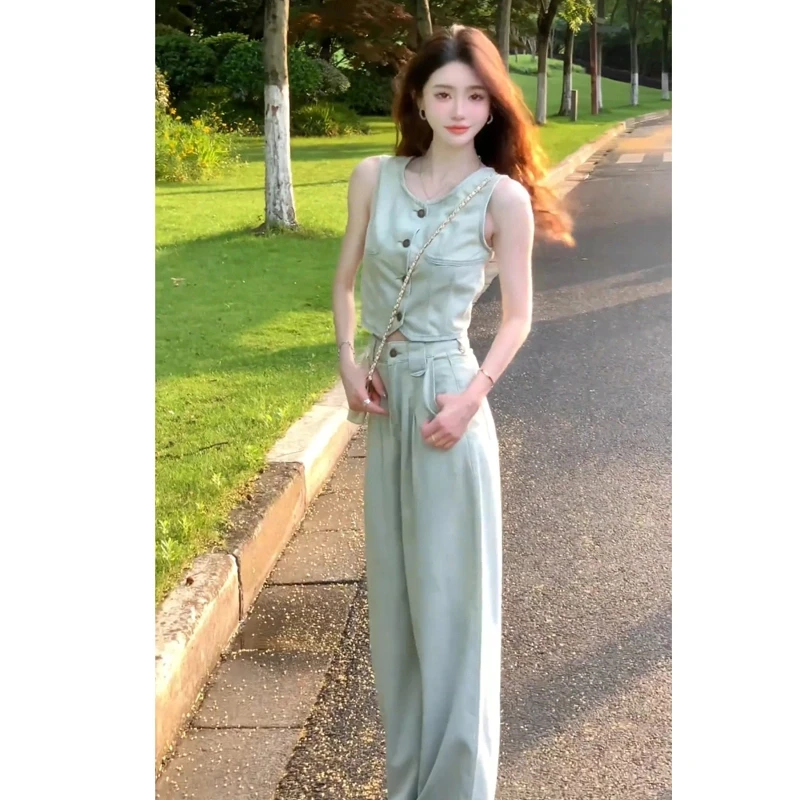 港味复古时尚牛仔高腰阔腿裤马甲套装夏季新款短款上衣裤子两件套