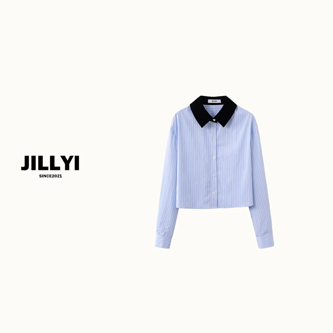 JILLYI珠海店【海盐微风衬衫】蓝白条纹拼接黑色POLO领口时尚轻职风